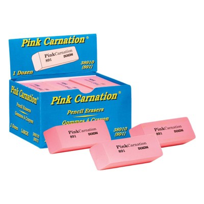 Dixon Pink Carnation Erasers, Large, 2-9/16 x 1 x 7/16, Pack of 12