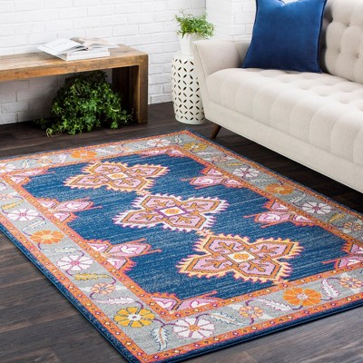 Isla Navy and Gray Synthetic Traditional Rectangular Area Rug 5'3" x 7'3"