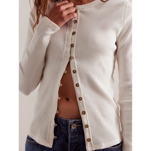 Women Slim Fitted Cardigan Button Down Long Sleeve Ribbed Knit Shirt Solid Casual Tops - 1 of 3