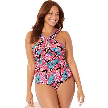 Swim 365 Women's Plus Size Sarong Swimsuit, 14 - Multi Textured Palm :  Target