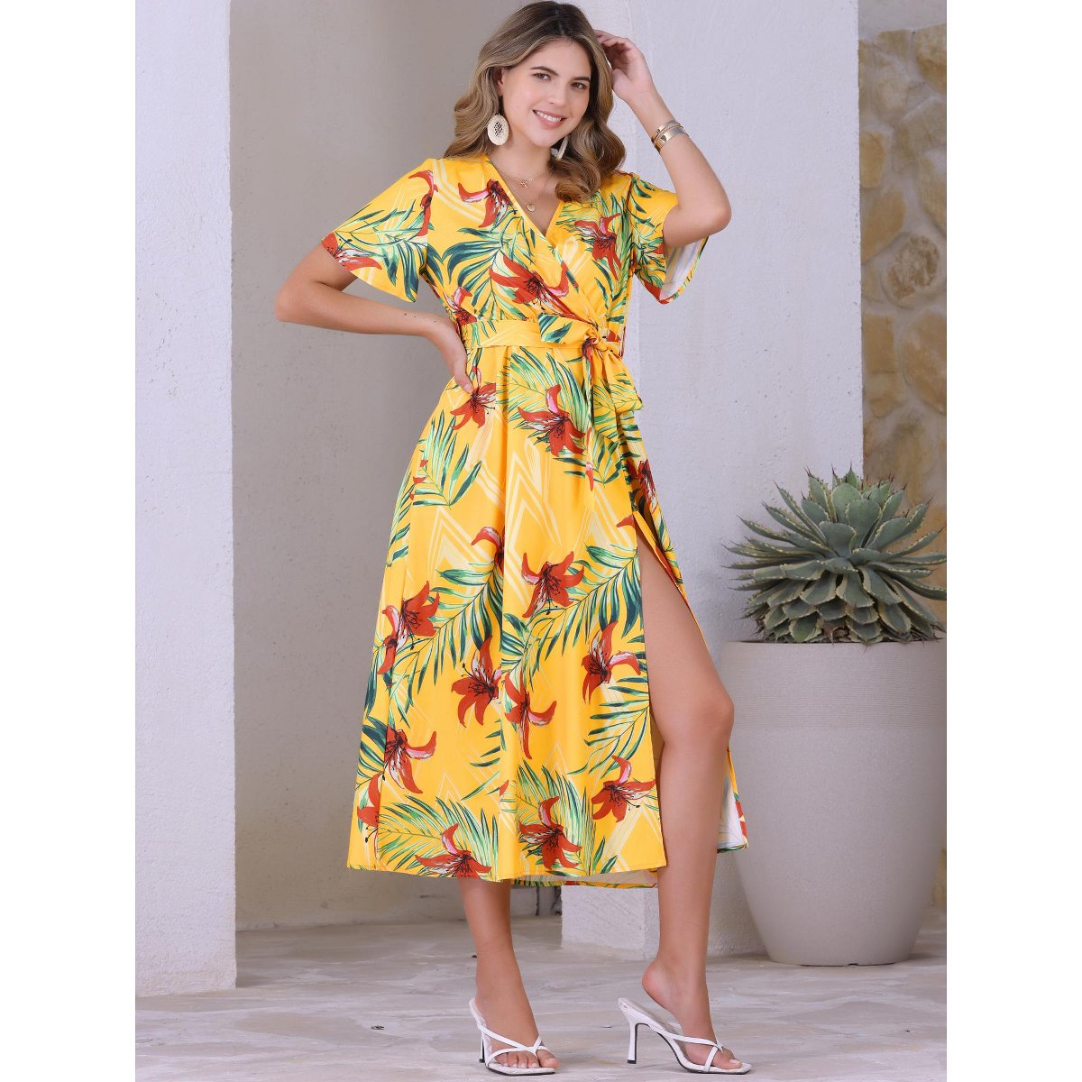 Женские платья INSPIRE CHIC Women's Floral V Neck Split Hem Short Sleeve Maxi Tropical Dress Yellow Large — фото 2