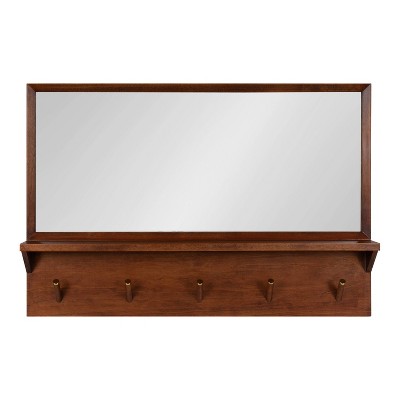 Walnut Wood Framed Rectangular Wall Mirror with Hooks
