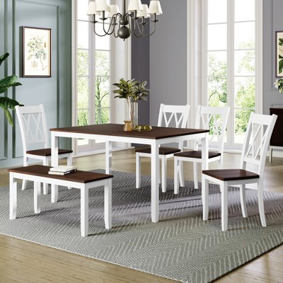 6-Piece Farmhouse Rustic Wooden Dining Table Set with 4 Cross Back Chairs and Bench - ModernLuxe