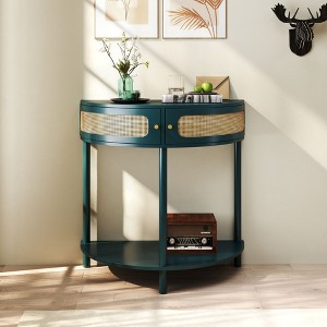 Kumasinova 32.3" Unique Half Moon End Table with 2 Doors,Rustic Rattan Sofa Side Table for Living Room&Bedroom,Elegant 2-Tier Nightstand - 1 of 4