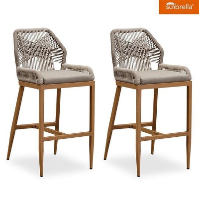 PURPLE LEAF Patio Sunbrella Bar Stools Set of 2 Handwoven Wicker Bar Height Stool Modern Aluminum Outdoor Wicker Barstools with Back and Cushion