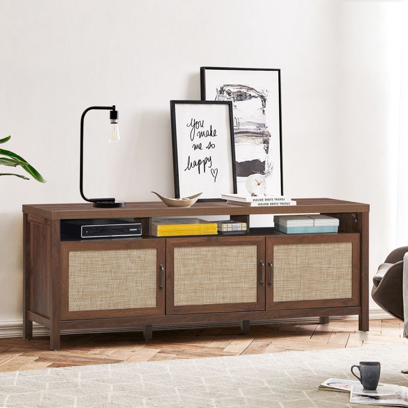 Tangkula Universal TV Stand Cabinet Television Media Console with 3 Rattan Doors Grey Oak Walnut, 2 of 6