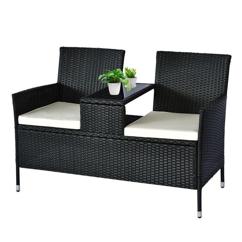 Outsunny Patio Wicker Conversation Furniture Set, Outdoor Rattan 2-Seater Chair, Modern Loveseat w/ Cushions & Tempered Glass Top Coffee Table for Garden, Lawn, Backyard, 4 of 7