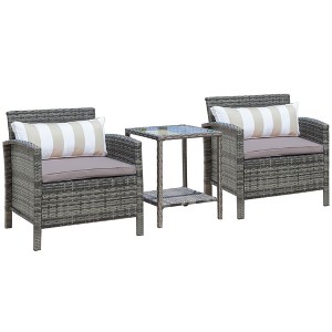 Outsunny 3 Piece Patio Furniture Set w/ Cushions, PE Rattan Wicker Outdoor Table And Chairs Conversation Set w/ 2-Tier Glass Top Coffee Table - 1 of 4
