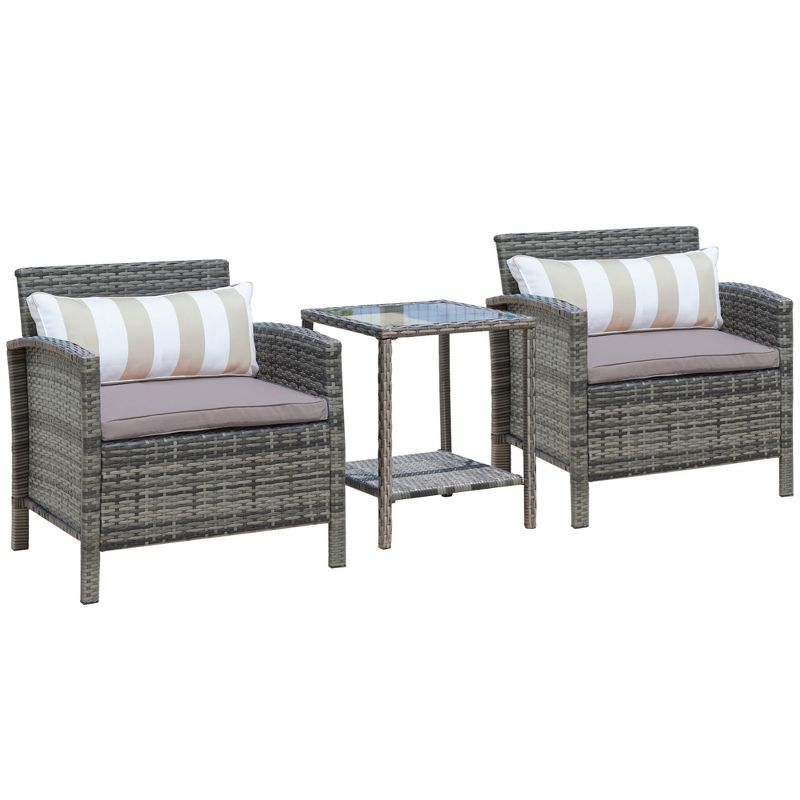 Outsunny 3 Pcs Rattan Wicker Bistro Set with Soft Cushions, Outdoor Conversation Coffee Sets with Glass Table Top and Open Storage Shelf for Patio, Backyard, Garden, 1 of 8