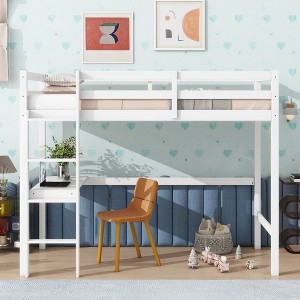 Okak Full/Twin Size Loft Bed with Study Desk and Shelves,Sturdy Wooden Loft Beds with Ladder & Safety Rails for Kids,Teens - 1 of 4