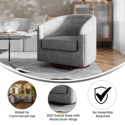 Gray Faux Leather Swivel Barrel Accent Chair with Wood Base