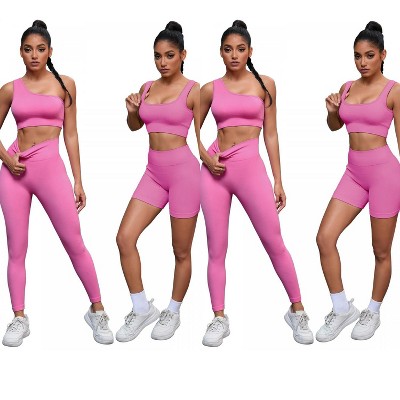 INSPIRE CHIC 2 Sets Women's Exercise Yoga Outfits Scoop Neck Seamless Ribbed Shorts High Waist Shapers