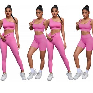 INSPIRE CHIC 2 Sets Women's Exercise Yoga Outfits Scoop Neck Seamless Ribbed Shorts High Waist Shapers - 1 of 4