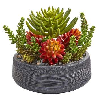 Nearly Natural 12-in Succulent Garden Artificial Plant in Bowl