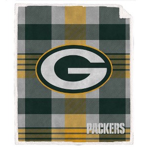 NFL Green Bay Packers Plaid Steel Royal Plush Faux Shearling Blanket - 1 of 3