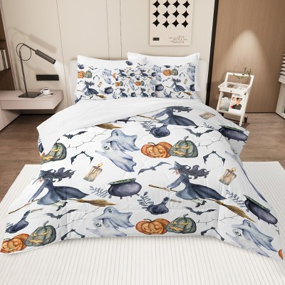 Wikineon 8 Pieces Halloween Comforter Set, Witch Pattern Bed In A Bag Bedding With Comforter Sheet Sham,Full Size