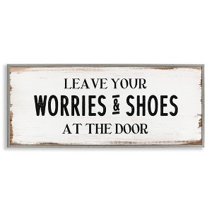 Stupell Industries Worries & Shoes At Door Phrase Framed Giclee Art, Gray, 24" x 10" - 1 of 4