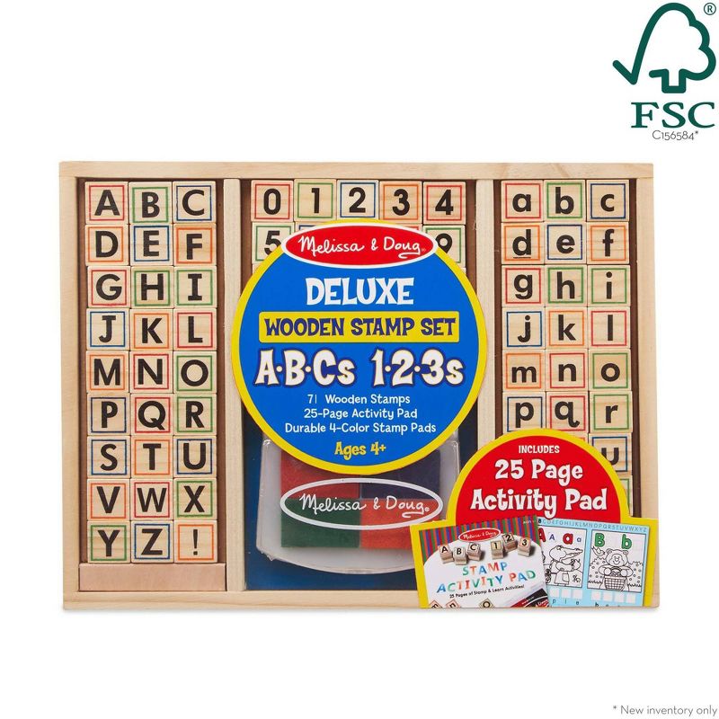 Melissa &#38; Doug Deluxe Letters and Numbers Wooden Stamp Set ABCs 123s With Activity Book, 4-Color Stamp Pad, 4 of 15