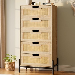 Natural Rattan 5 Drawer Dresser, Oak Wooden Chest of Drawer with Solid Metal Legs, Farmhouse Storage Cabinet for Bedroom, Living Room, Entryway - 1 of 4