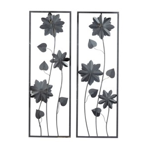 Set of 2 Metal Floral Wall Decors with Black Frame Gray - Olivia & May: Iron Botanical Art, Contemporary Vertical Sculptures - 1 of 4