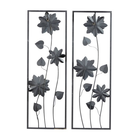 Set Of 2 Metal Floral Wall Decors With Black Frame Gray - Olivia