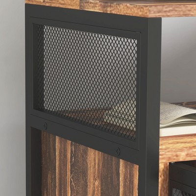 Rustic Brown Mobile Printer Stand with Storage Cabinet and USB Ports