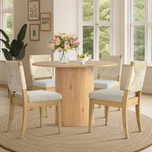 41.5" Wood Dining Set for 4,Pedestal Oak Round Dining Table & 4 Upholstered Woven Back Armless Dining Chair for Dining Room-Tanpinhause - 1 of 4