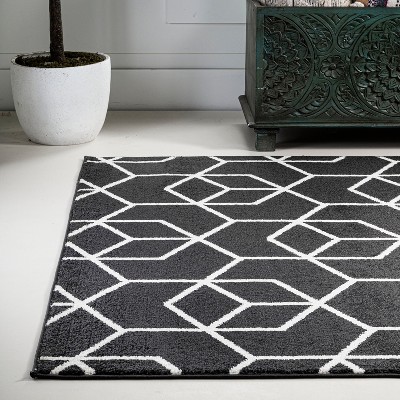 Mid-Century Geometric Black and White Synthetic Area Rug