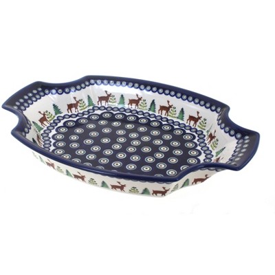 Blue Rose Polish Pottery Reindeer Pine Large Serving Tray