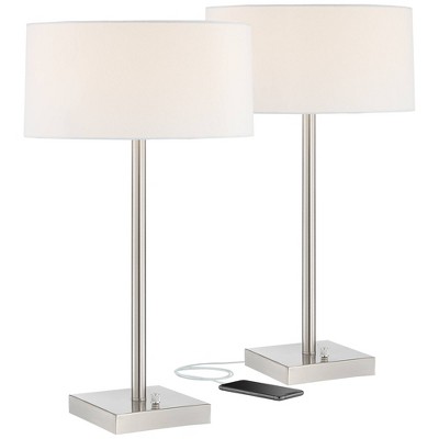 360 Lighting Contemporary Table Lamps Set of 2 with USB Port and Table Top Dimmers Brushed Nickel White Fabric Drum Living Room