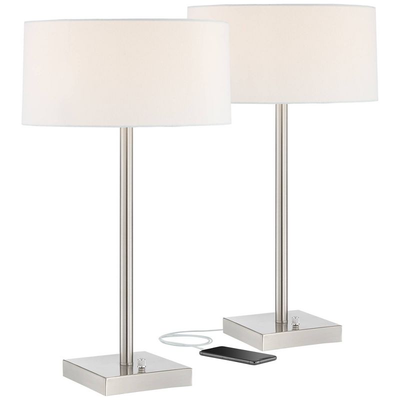 360 Lighting Andre 26 3/4" Tall Mid Century Modern Table Lamps Set of 2 USB Port AC Power Outlet Silver Finish Metal White Shade Living Room Charging, 1 of 10