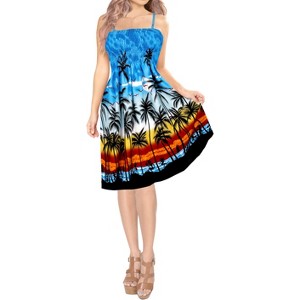 LA LEELA Women's Summer Boho Beach Strappy Smocked Mini Swing Dress Tube Top Dresses for Women One Size Sapphire, Palm Tree - 1 of 3