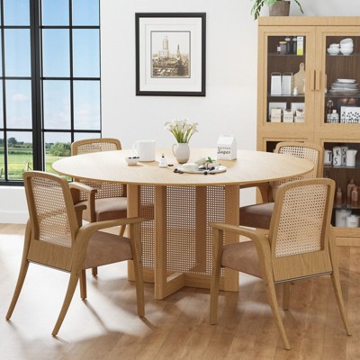 PexFix 60" x 60" Farmhouse Kitchen Dining Room Table Furniture Round Natural Kitchen Table with Rattan Woven Legs for Kitchen Bar Living Room