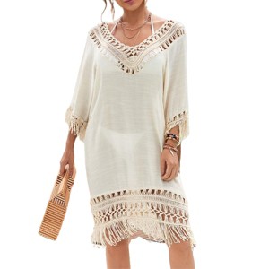 Bohomeian Tassel Cover Up Dresses Crochet Semi Sheer Linen Beach Dress for Bathing Suits Elbow Sleeve Round Neck Boho Dress - 1 of 4