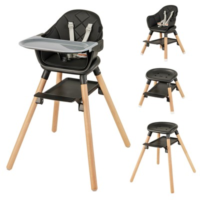 Infans 6 In 1 Baby Convertible Wooden Highchair for Babies and Toddlers, Removable Double Tray & Reversible Footrest, Safety Harness, Black