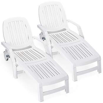 Tangkula 2 PCS Patio Lounge Chair Chaise Recliner Adjustable Backrest All Weather for Outdoor&Indoor Wheels White