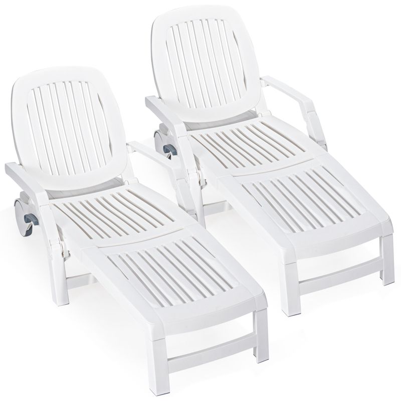 Tangkula 2 PCS Patio Lounge Chair Chaise Recliner Adjustable Backrest All Weather for Outdoor&Indoor Wheels White, 1 of 7
