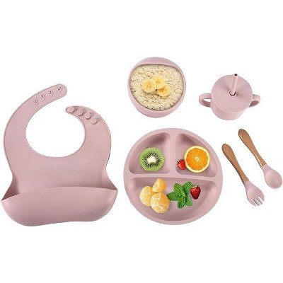 Image of Childlike Behavior Silicone Baby Feeding Set with Elephant Plates- Set of 6, Pink