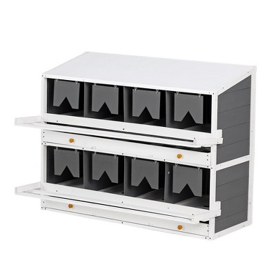 Wooden 8-compartment nesting box for egg laying with 2 rolling egg collection drawers and 4 ventilation holes, 2 collapsible perches