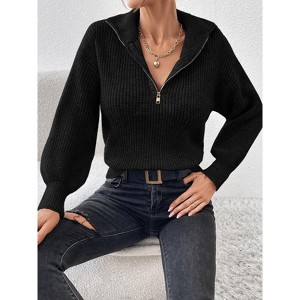 Women's Loose Fit Polo Neck Zip Detail Long Sleeve Pullover Sweater - 1 of 2
