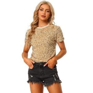 INSPIRE CHIC Women's Sequin Velvet Crew Neck Short Sleeve T-shirt - 1 of 4