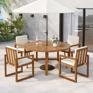 Whisen 5-Piece Acacia Wood Patio Dining Set with Four Armchairs and a Table - Beige - 1 of 4