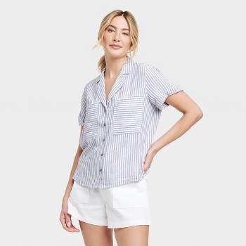 Women's Linen Short Sleeve Button-Down Shirt - Universal Thread™ Blue Striped XL