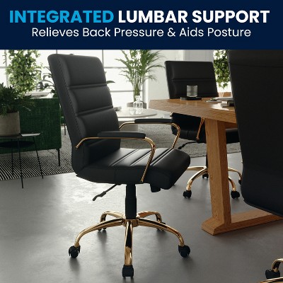 Mid-Back Black LeatherSoft Executive Swivel Office Chair with Gold Frame