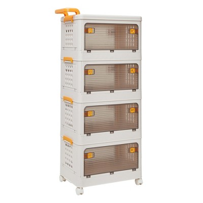 VECELO 3/4 Tier Stackable Storage Bins with Lid and Wheels  Collapsible Plastic Closet Storage Cabinet Home Organizer Beige