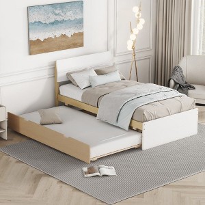 CAVINAS Twin Size Platform Bed,Bed Frame with Headboard and Footboard,No Box Spring Needed,Assembly Required,White/Oak - 1 of 4