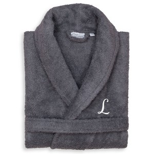 Linum Home Textiles 100% Turkish Cotton Adult Personalized Terry Bathrobe Gray in White Script Font - 1 of 3