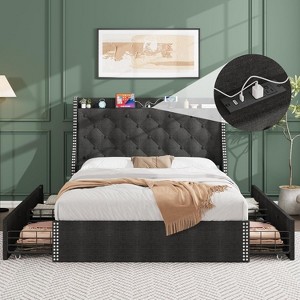 Bed Frame with 4 Storage Drawers & Charging Station, Upholstered Platform Bed with Wingback Storage Headboard, No Box Spring Needed - 1 of 4