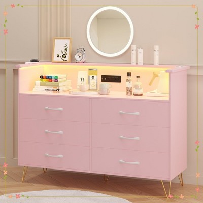 Dresser with LED Light for Bedroom 6 Drawer Dressers with Charging Station Chests of Drawers