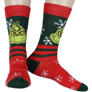 Dr. Seuss The Grinch Men's Grinch Face Snowflake with Stripe Adult Mid-Calf Crew Socks Fits Shoe Size 8-12 Multicolored - 1 of 3